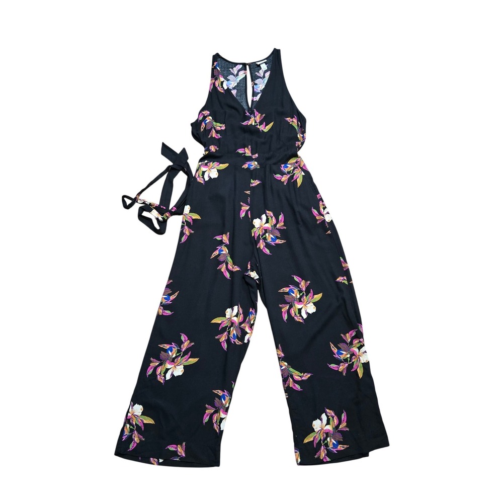 A New Day Black Floral Wide Leg Sleeveless Jumpsuit Size S V-Neck Pockets